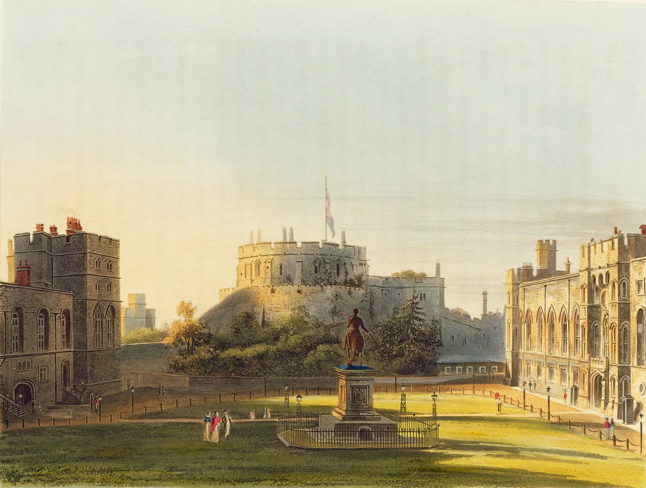 The Upper Ward, Windsorin linna, "Royal Residences", kaiverrus Thomas Sutherland (s.1785), pub. kirjoittanut William Henry Pyne (1769-1843), 1819 (akvatinta) tekijältä Charles Wild