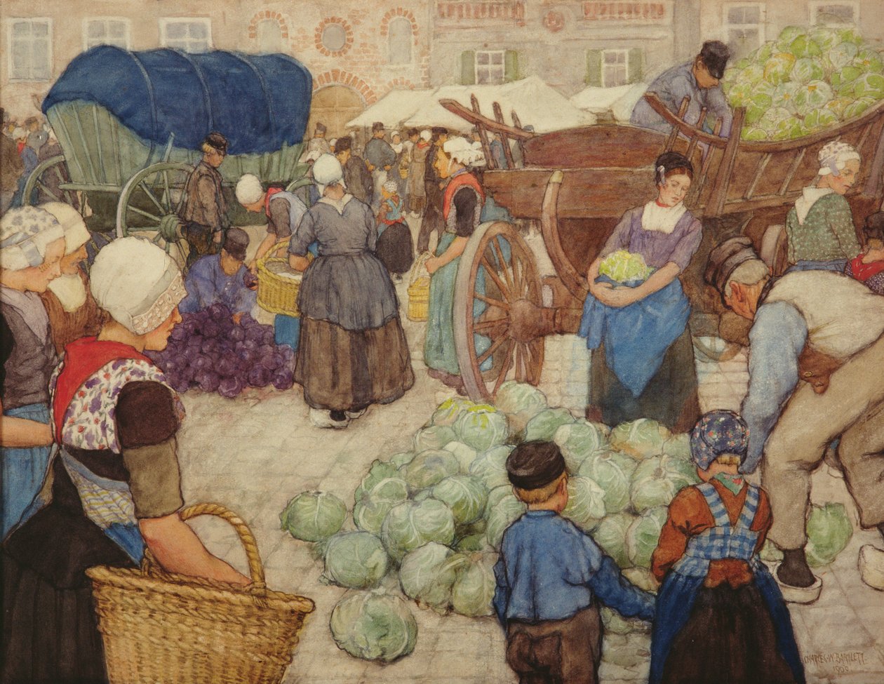 Vihreät markkinat, The Cabbage Selrs, 1900 (wc paperilla) tekijältä Charles William Bartlett