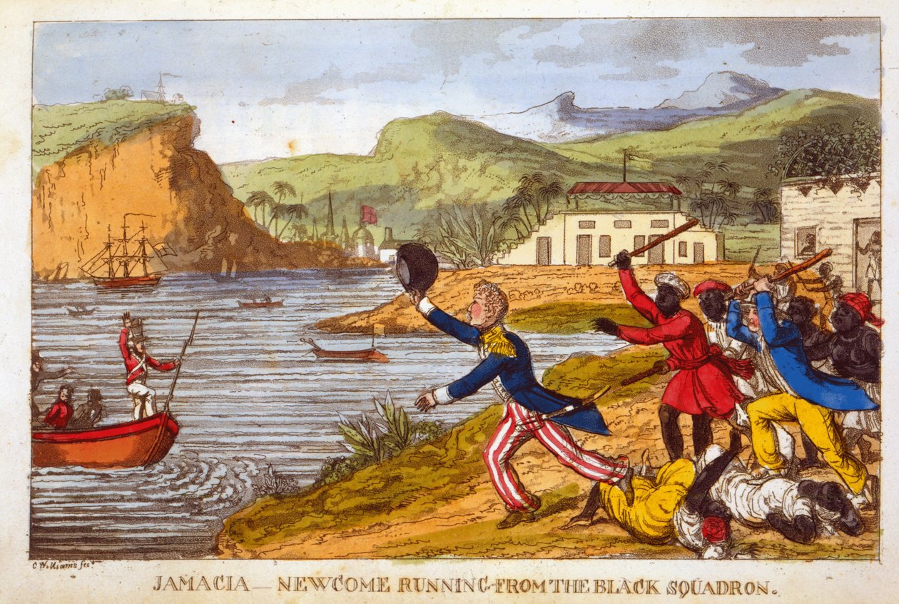 "Newcome running from the Black Squadron", levy John Mitfordin (1782-1831) "The Adventures of Johnny Newcome in the Navy" -levystä (värillinen akvatinta) tekijältä Charles Williams