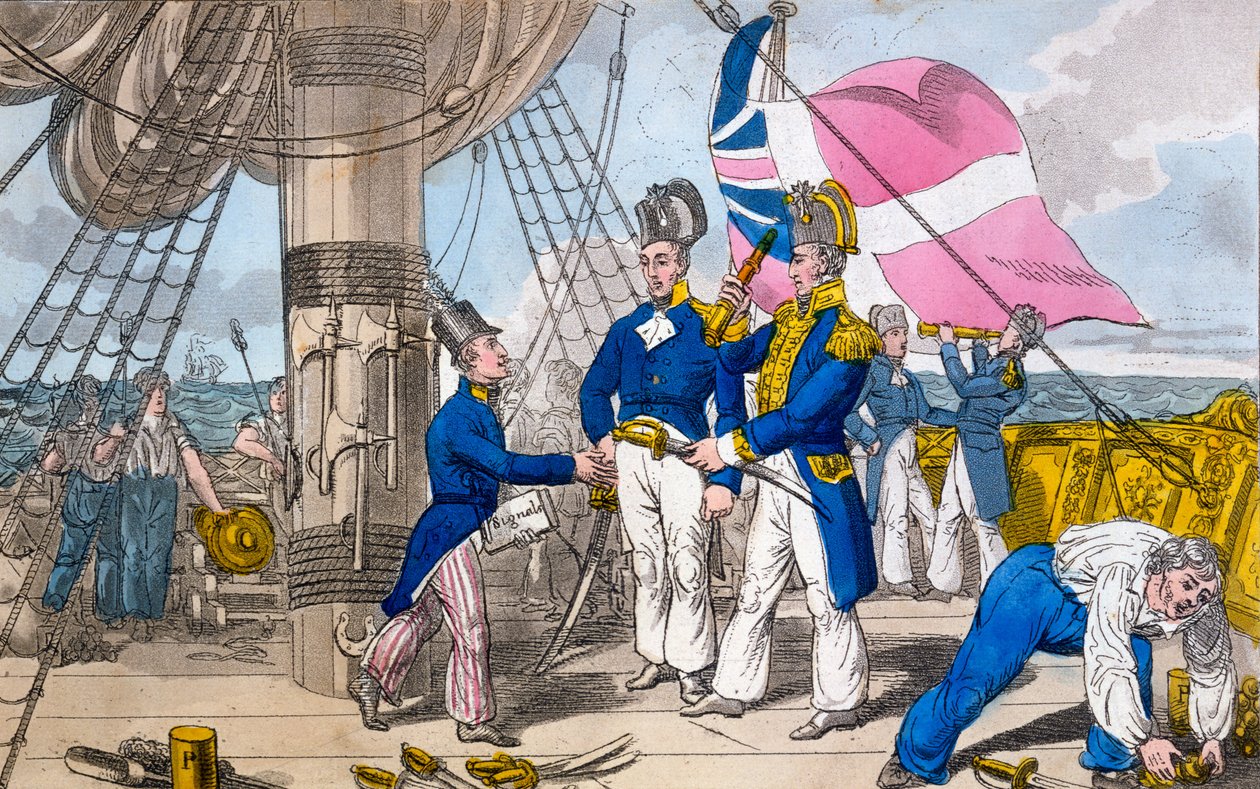 The Quarter Deck ennen taistelua, levy John Mitfordin "The Adventures of Johnny Newcome in the Navy" -sarjasta, 1818 tekijältä Charles Williams