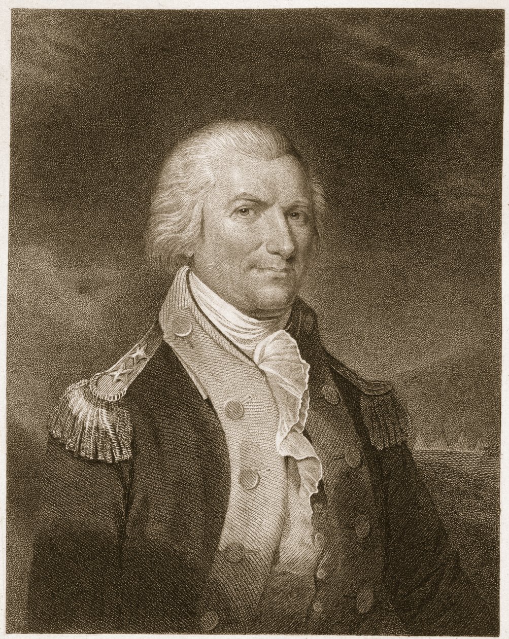 Kenraalimajuri Arthur St. Clair, kaiverrettu Edward Wellmoren (1835) James Barton Longacren (1794-1869) alkuperäispiirroksen mukaan. tekijältä Charles Willson Peale