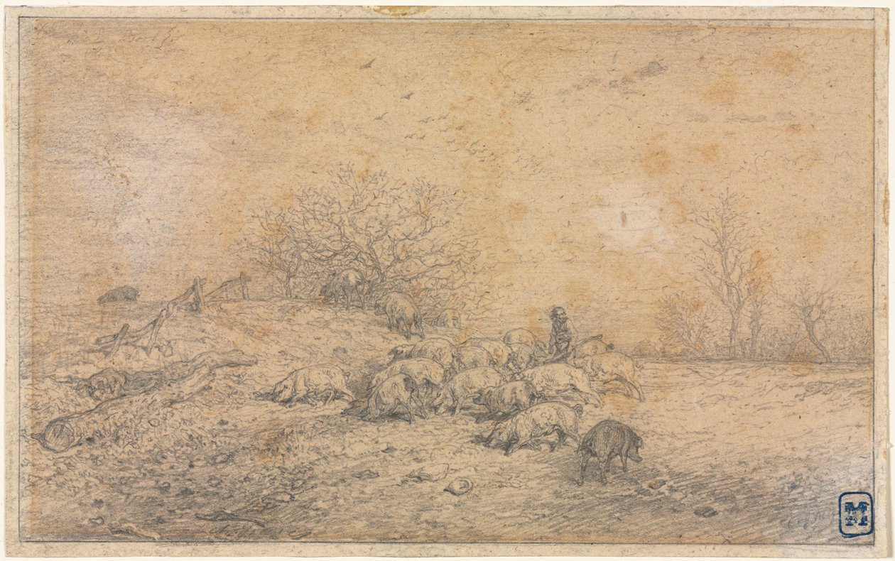 Sikalauma, n. 1845. tekijältä Charles Emile Jacque