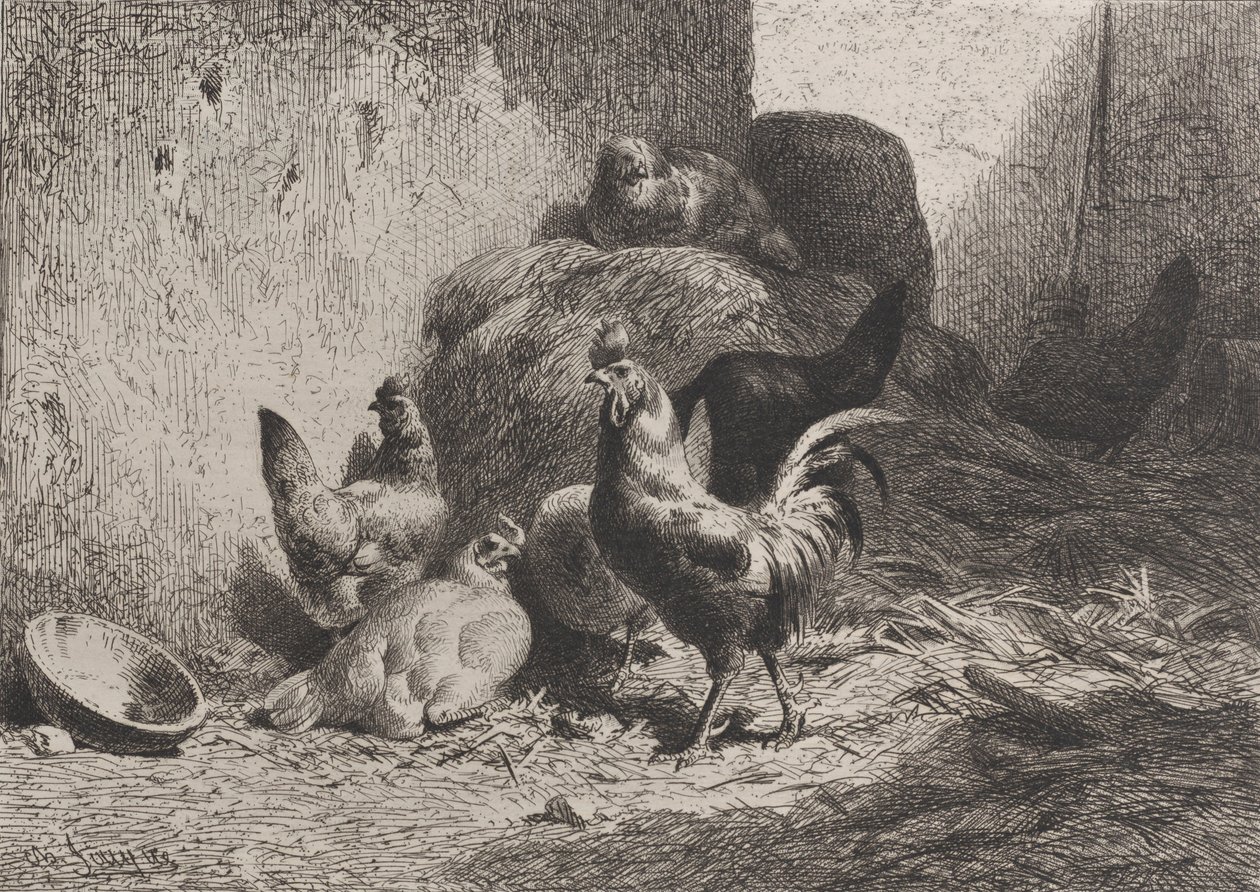 Kukko ja kanat, 1864. tekijältä Charles Emile Jacque