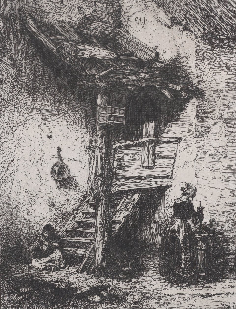 Portaat ja naisen kuohuminen, 1845. tekijältä Charles Emile Jacque