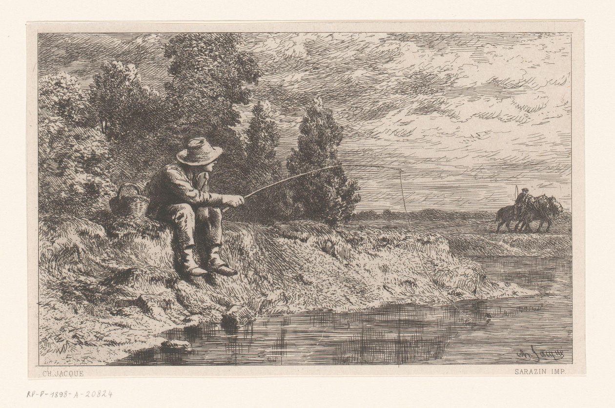 Kalastaja vedessä Peche au gardon tekijältä Charles Emile Jacque