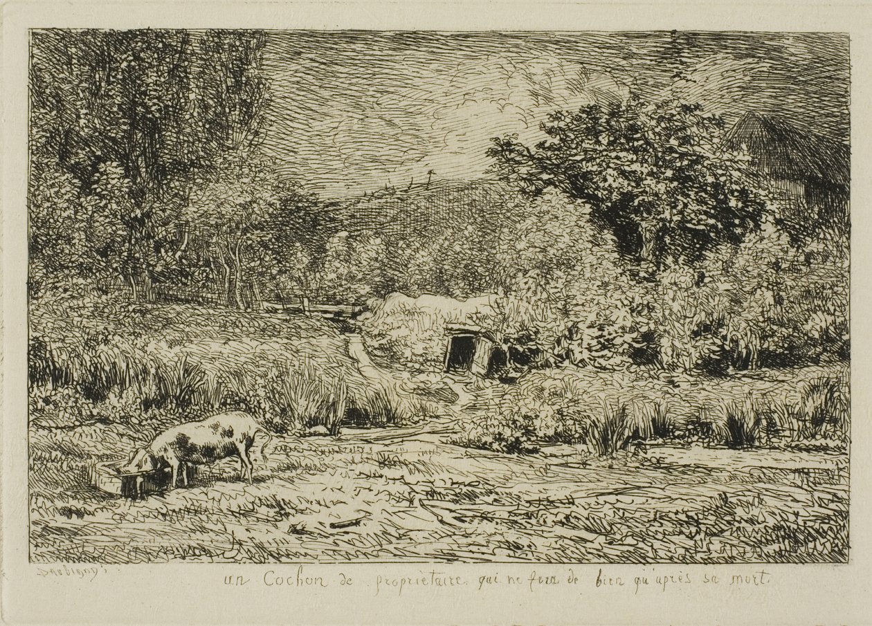 Possu hedelmätarhassa tekijältä Charles Francois Daubigny