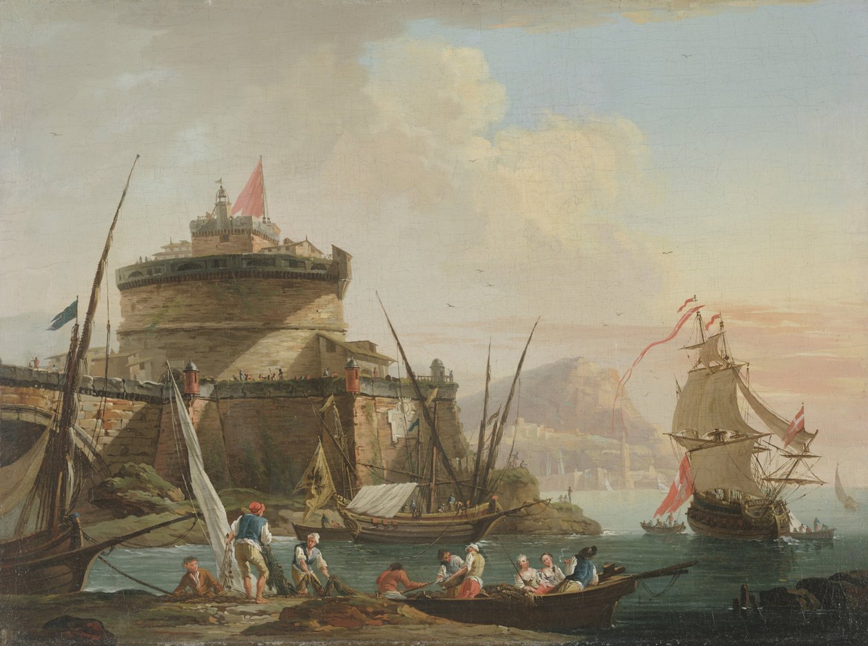 Satamakohtaus auringonlaskun aikaan tekijältä Charles Francois Lacroix de Marseille