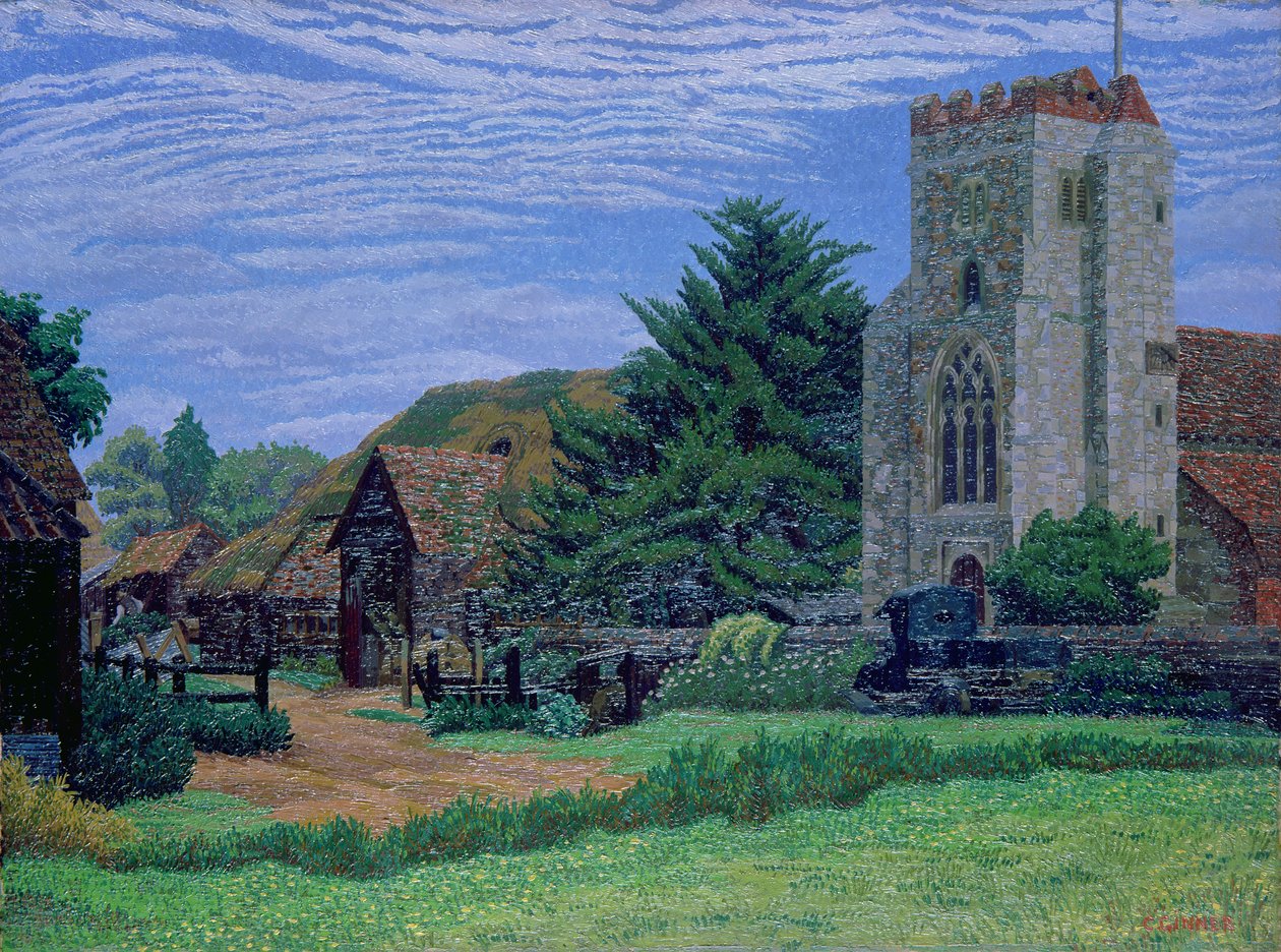 Kirkko ja navetta, Waltham St. Lawrence tekijältä Charles Ginner