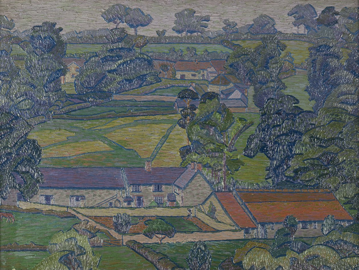 Maisema maalaistaloineen, n. 1912-1913 (öljy kankaalle) tekijältä Charles Ginner