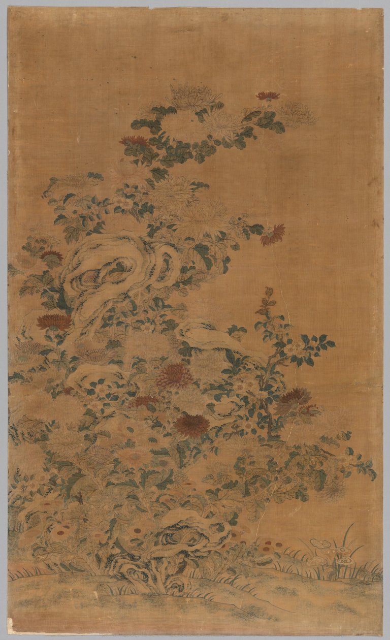Kesi-paneeli: Kivet ja krysanteemit tekijältä China, Qing dynasty