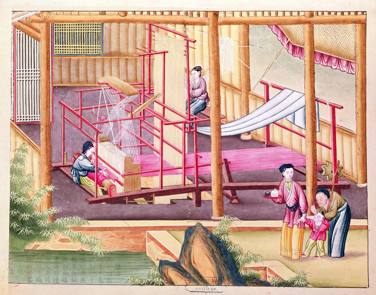 Ms 202 fol.10 Weaving, silkkiteollisuutta käsittelevästä kirjasta tekijältä Chinese School