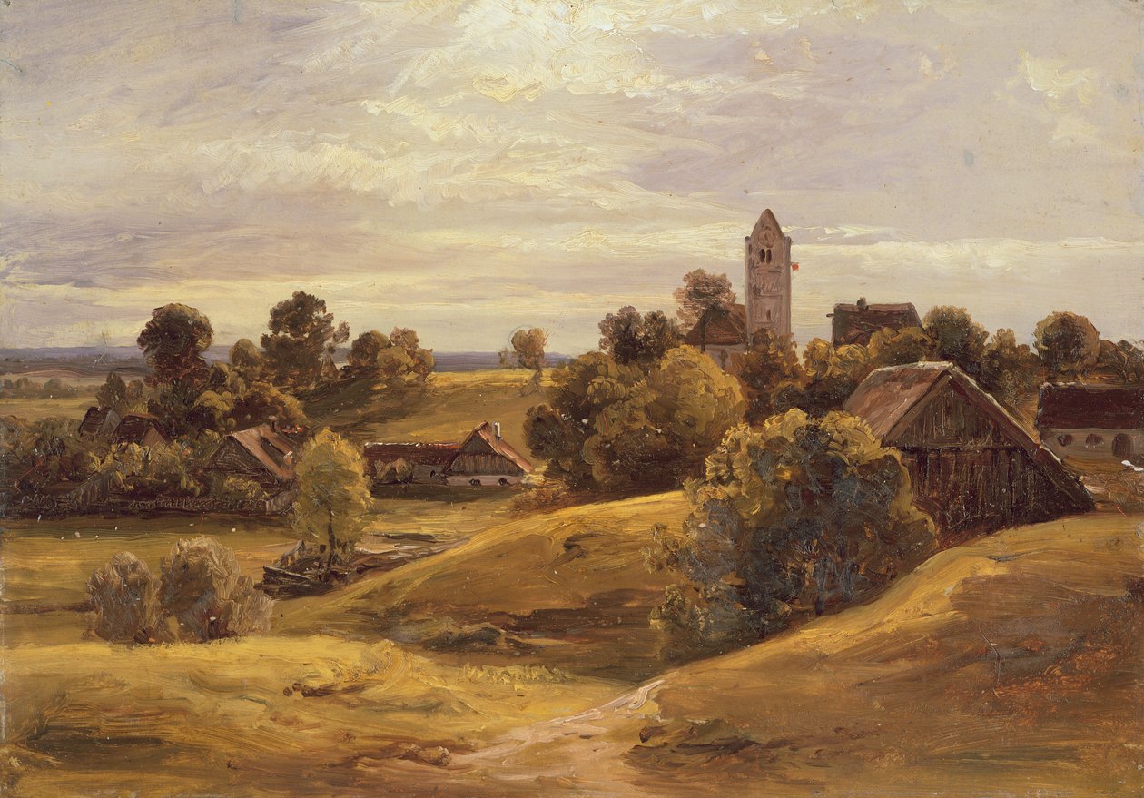 Kylä Dachaun lähellä, 1859 (öljy paperille asetettu kartongille) tekijältä Christian Ernst Bernhard Morgenstern