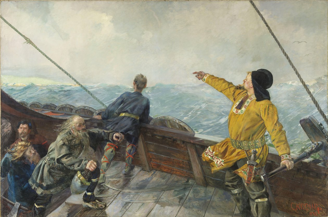 Leif Erikssonin (10. vuosisadan) nähtävyydet laskeutuvat Amerikassa, 1893 tekijältä Christian Krohg