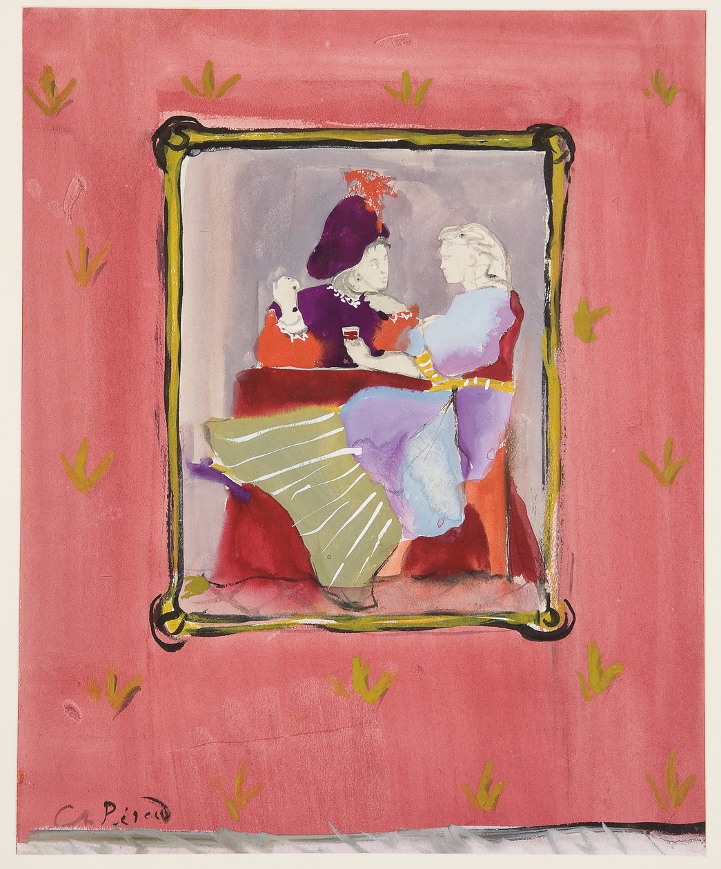 Pukupukuinen pariskunta, n. 1935-45 (guassi paperilla) tekijältä Christian Bérard