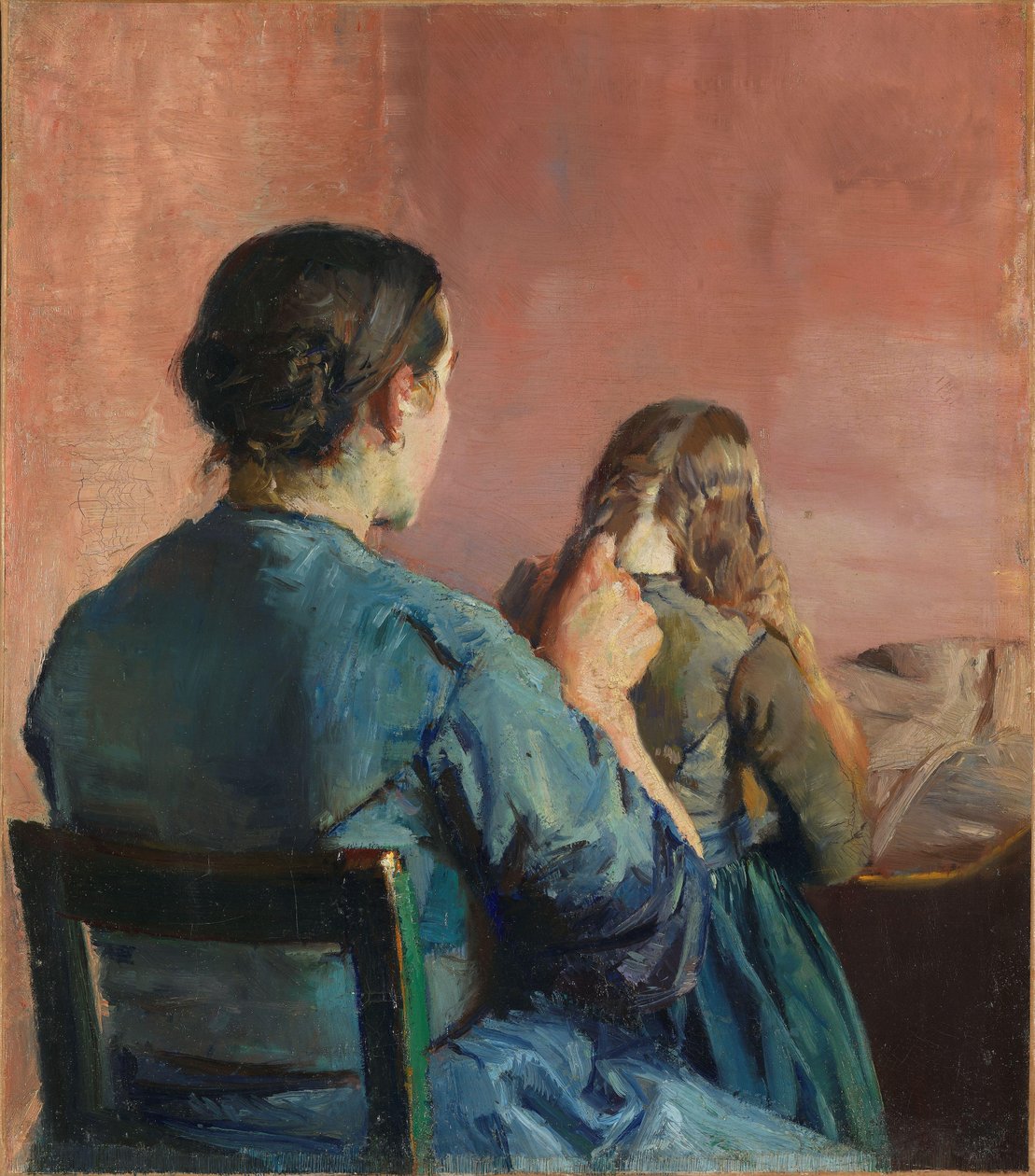 Braiding her Hair, n.1888 (öljy kankaalle) tekijältä Christian Krohg