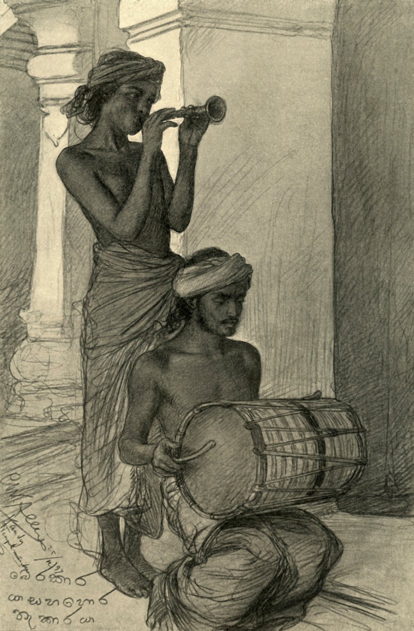 Temppelimuusikot, Kandy, Ceylon, 1898. tekijältä Christian Wilhelm Allers