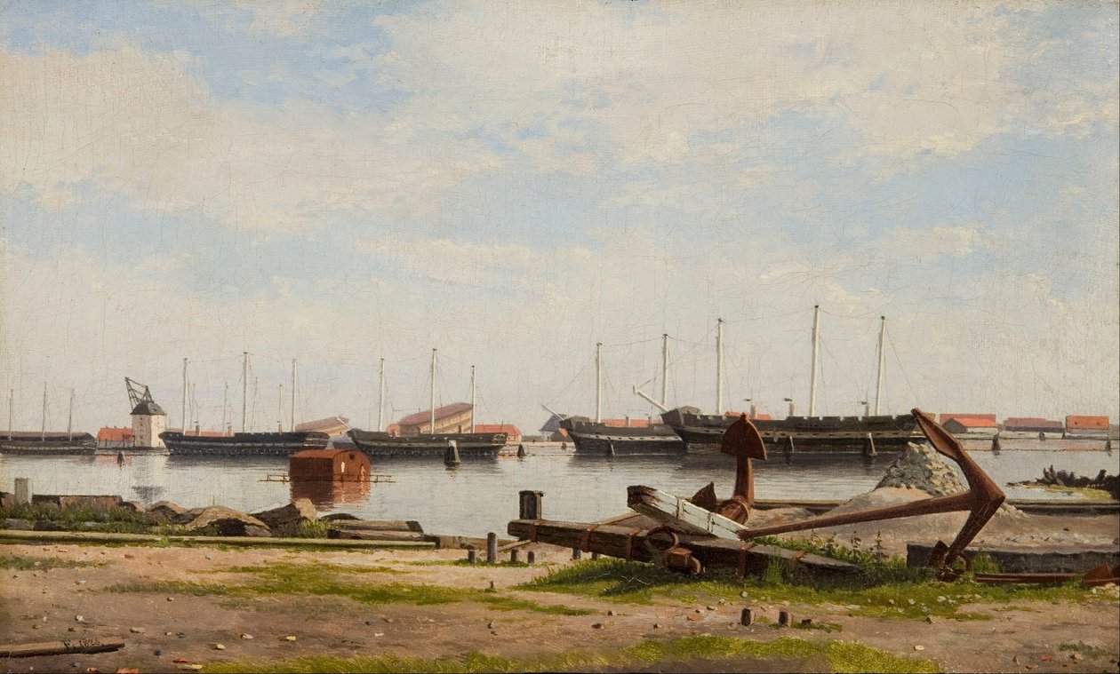 Näkymä Nyholmin laiturille nosturin ja joidenkin sota -alusten kanssa tekijältä Christoffer Wilhelm Eckersberg