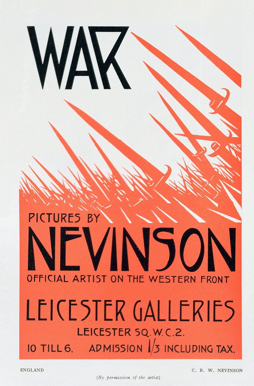 Nevinsonin, länsirintaman virallisen taiteilijan sotakuvia, näyttelyn julisteet tekijältä Christopher Richard Wynne Nevinson