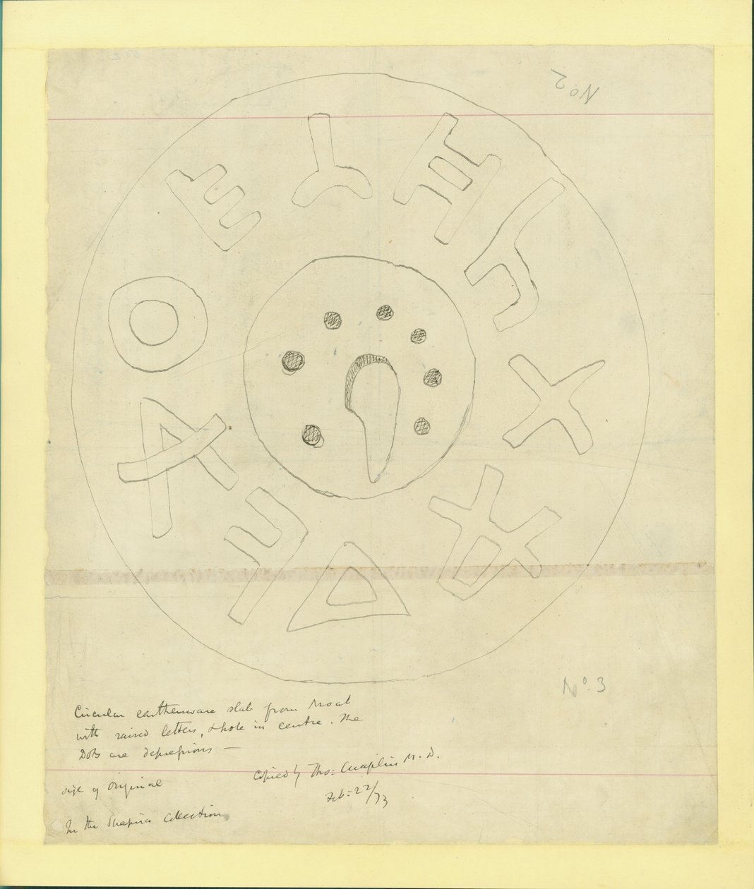 Pyöreä keramiikkalaatta Moabista Shapiran 2. kokoelmasta, 1873 (wc ja kynä paperille) tekijältä Claude Conder