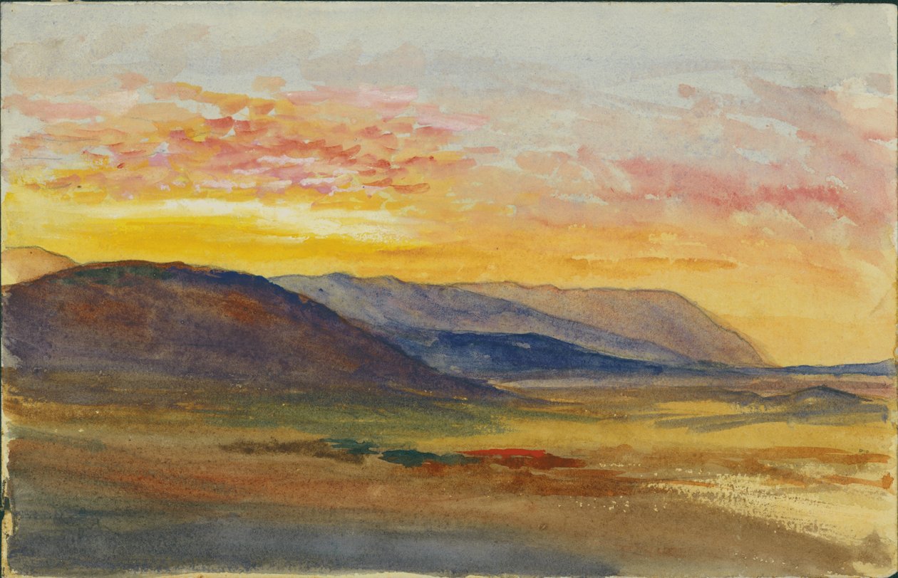 Mount Carmel syksyllä katselemassa länteen auringonlaskua, 1872 (wc ja kynä paperilla) tekijältä Claude Conder