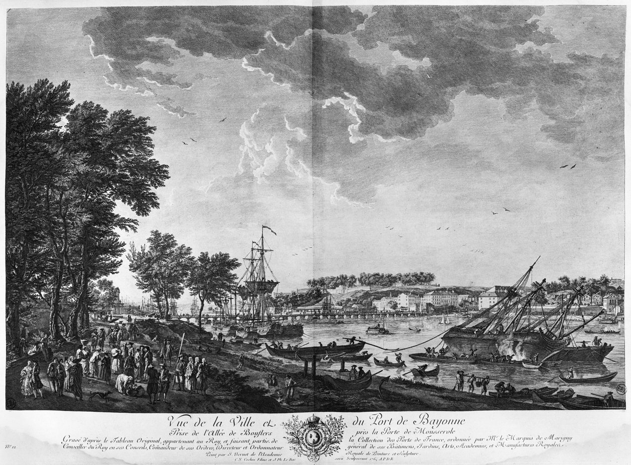 Näkymä Bayonnen kaupunkiin ja satamaan Boulders-kadulta Mousserolen portin lähellä, sarja "Les Ports de France", kaiverrettu Charles Nicolas Cochin nuorempi (1715-90) ja Jacques tekijältä Claude Joseph Vernet