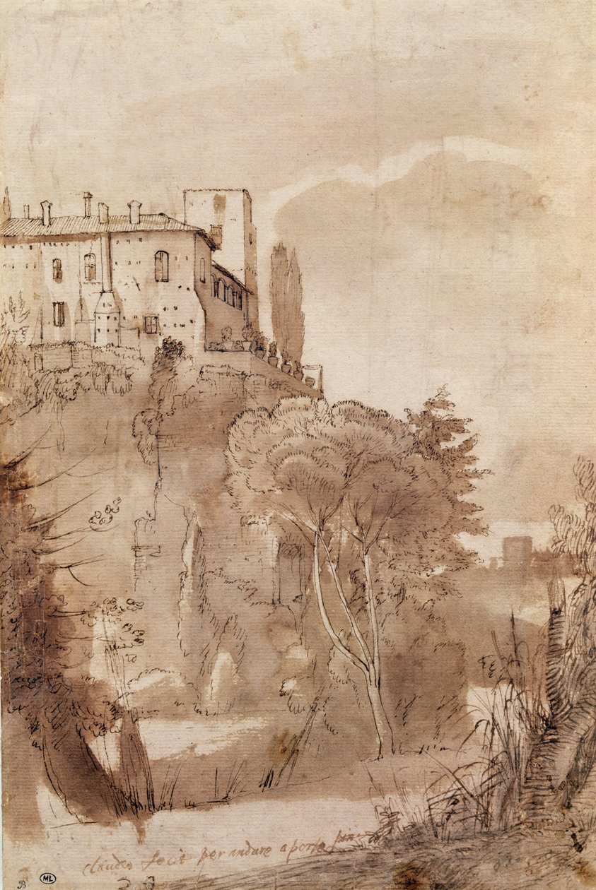 Tie Rooman muurien ulkopuolella, n. 1627-30 (kynän ja musteen pesu paperille) tekijältä Claude Lorrain