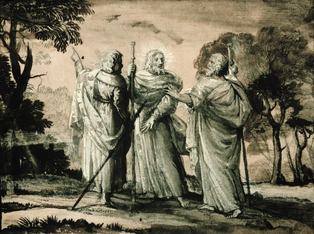 Matka Emmaukseen (musta liitu ja guassi paperilla) tekijältä Claude Lorrain