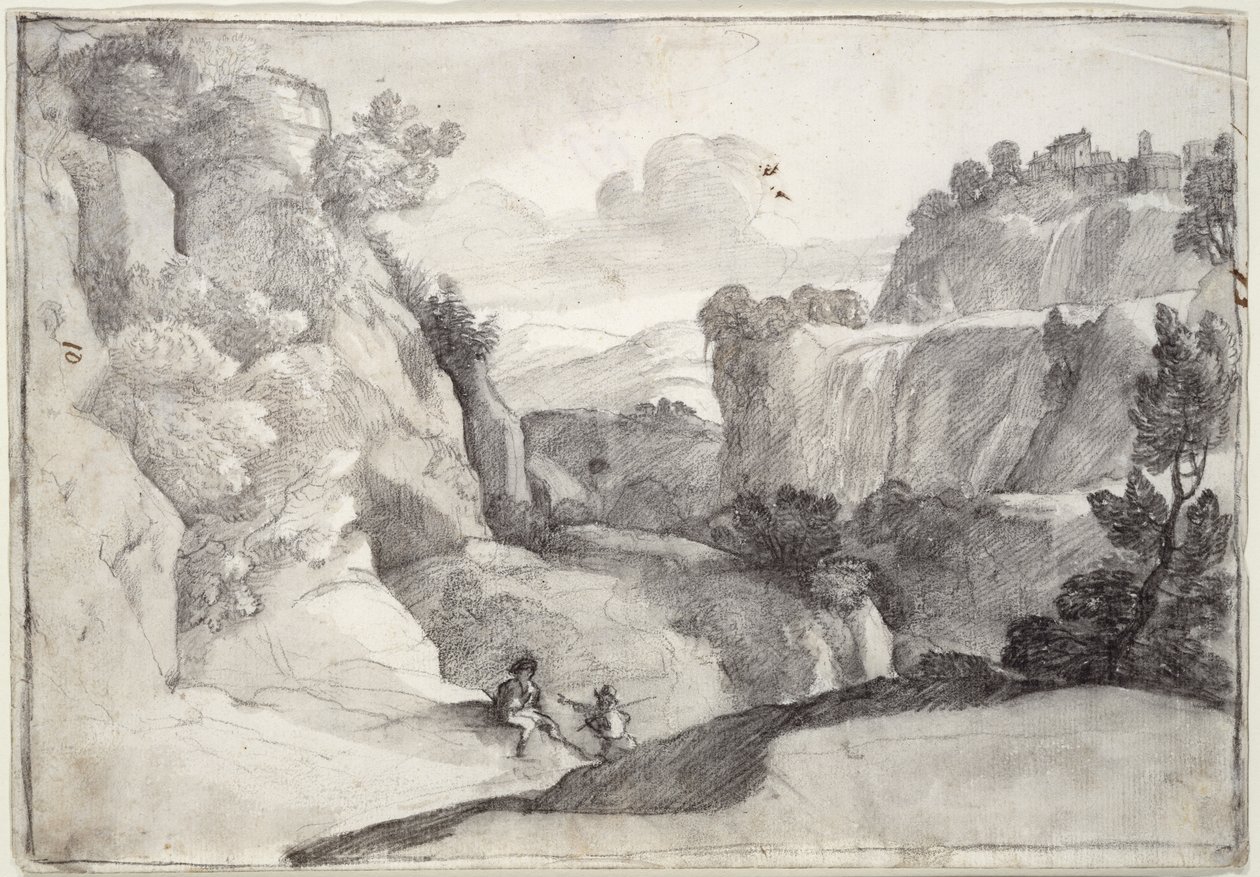 Tivolin kaskadit (musta liitu paperille) tekijältä Claude Lorrain