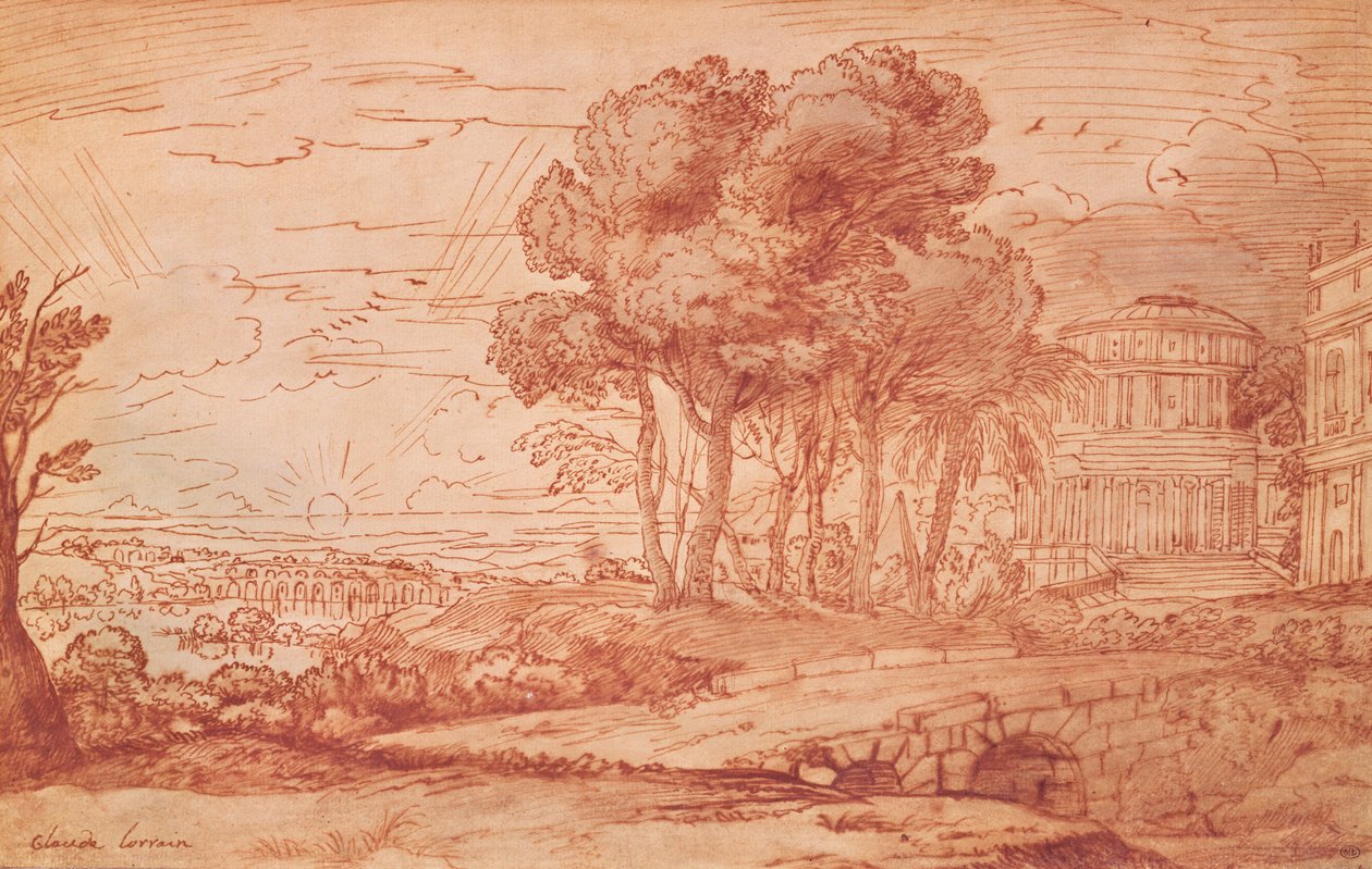 Apollon temppeli Deloksen saarella, n. 1648 (kynä, pesu ja bistre-muste) tekijältä Claude Lorrain