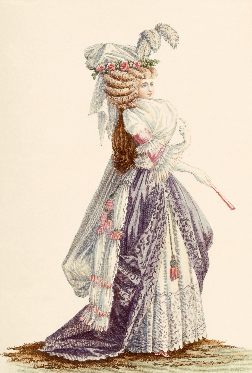 Naisen kaapu "a la Grecque", teoksesta "Galeries des Modes et Costumes Francais", noin 1778-87. tekijältä Claude Louis Desrais