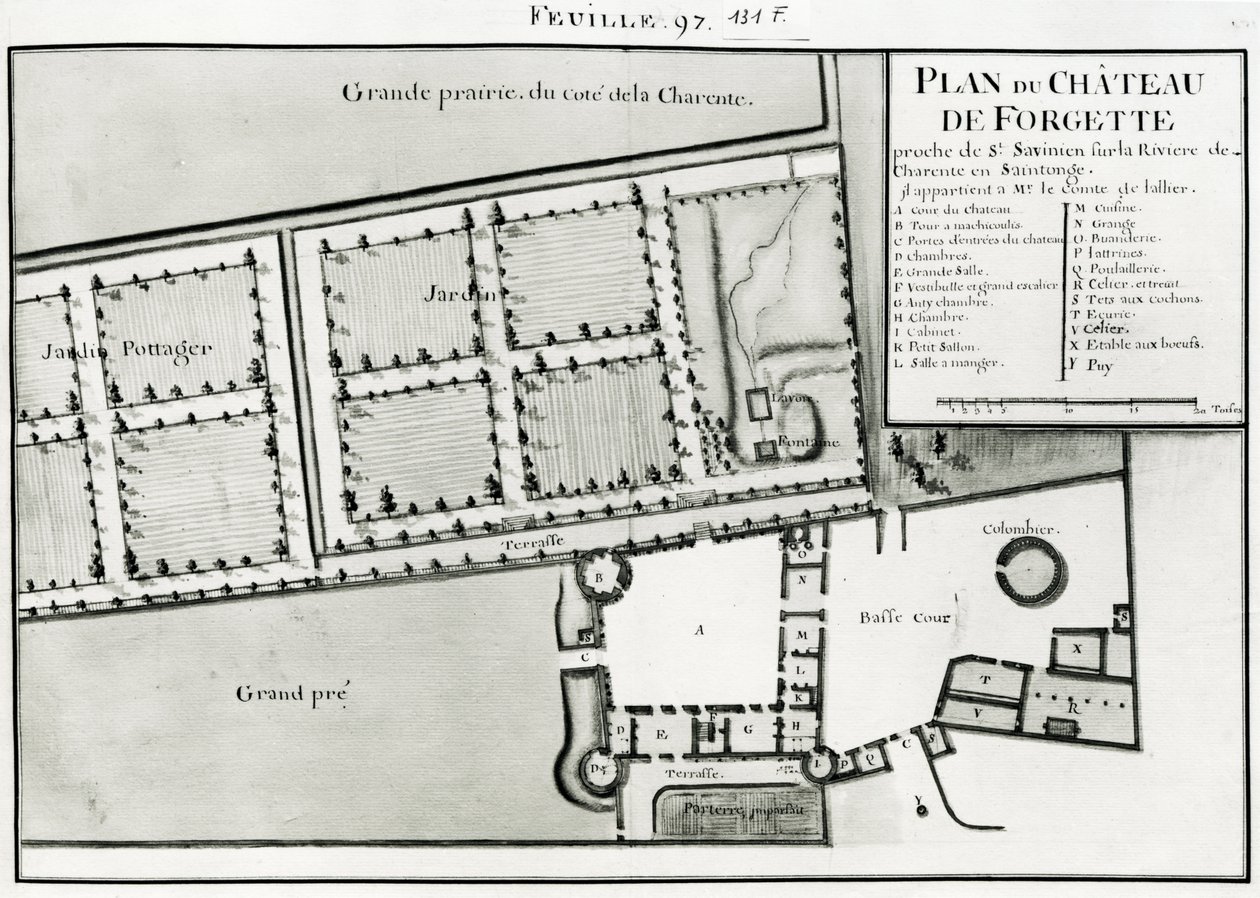 Fol.97 Chateau de Forgetten suunnitelma lähellä Saint-Savinienia, "Recueil des Plans de Saintonge" (kynä ja muste ja wc paperilla) tekijältä Claude Masse