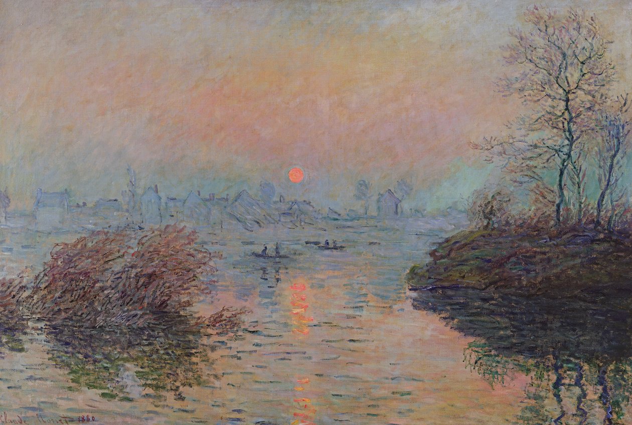 Aurinko laskee Seinen yli Lavacourtissa. Talviefekti, 1880 tekijältä Claude Monet