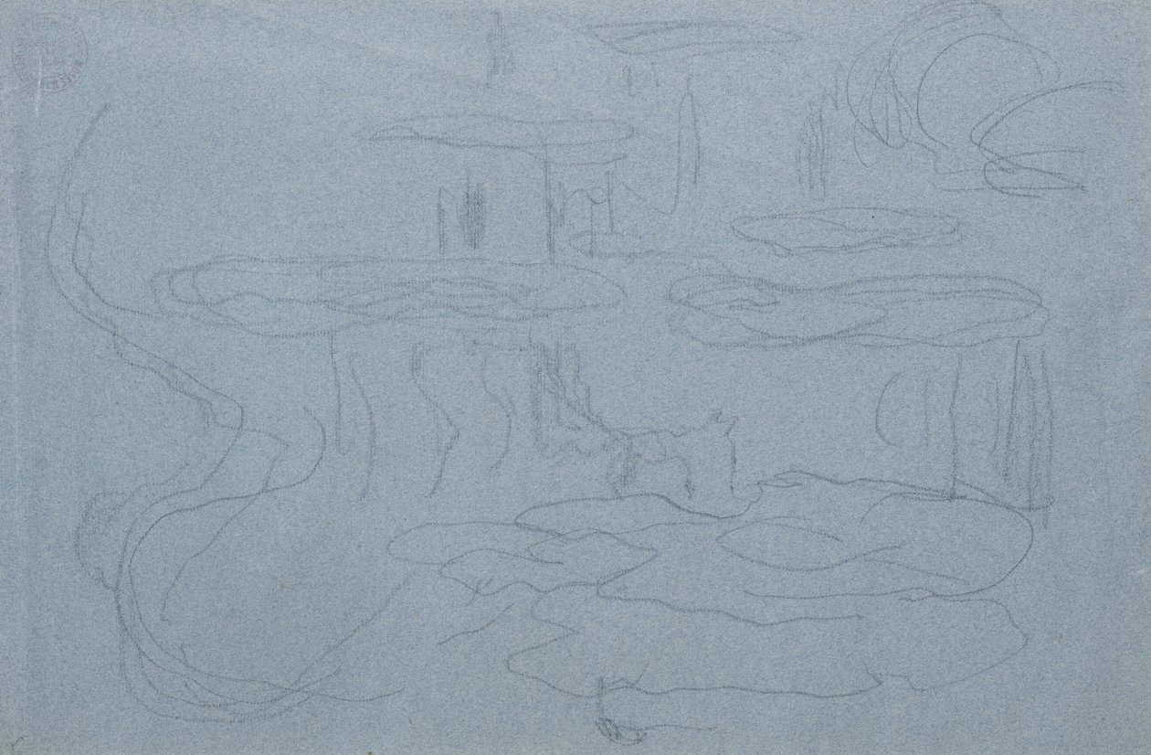 Vesililjoja, noin 1918 (mustaa värikynää sinikartonkipaperille). tekijältä Claude Monet