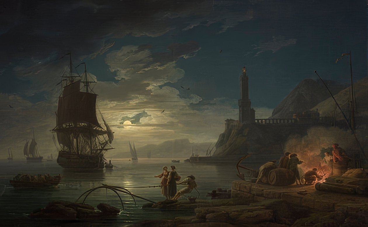 Rannikkokohtaus kuunvalossa. 1769 tekijältä Claude Joseph Vernet