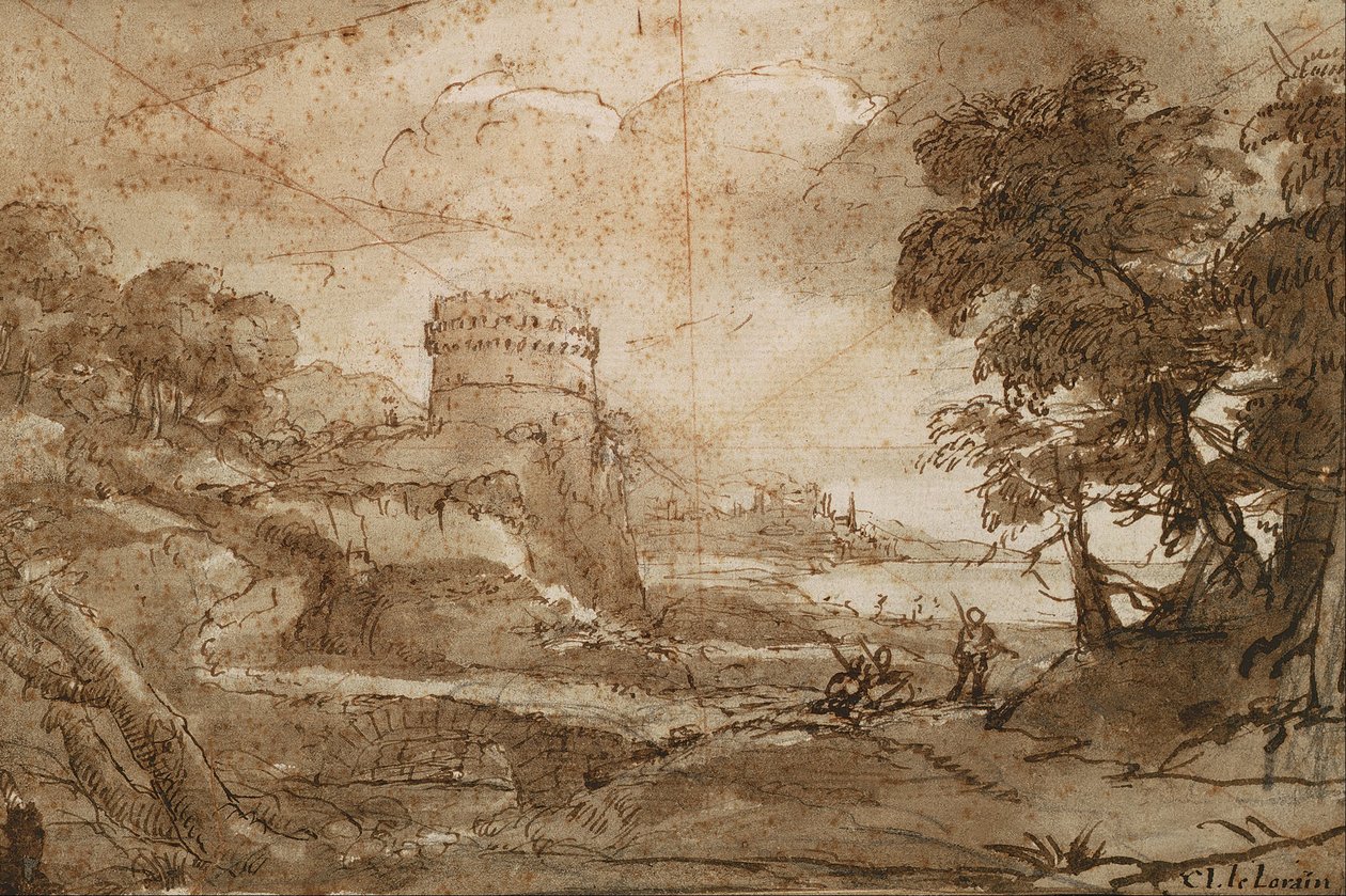 Maisema, jossa on pyöreä torni ja lahti tekijältä Claude Lorrain