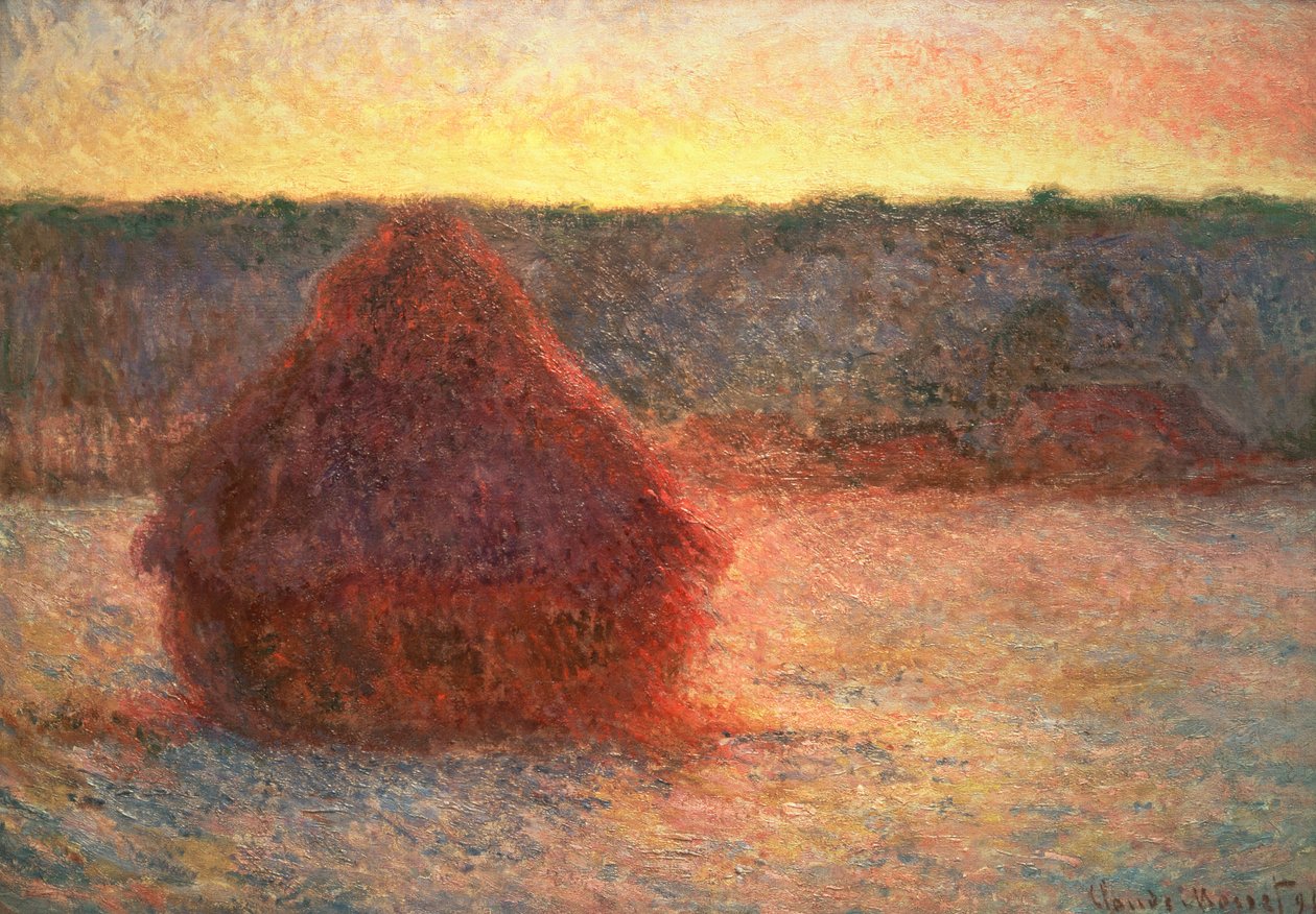 Heinäpaaluja auringonlaskun aikaan, pakkassää, 1891 tekijältä Claude Monet