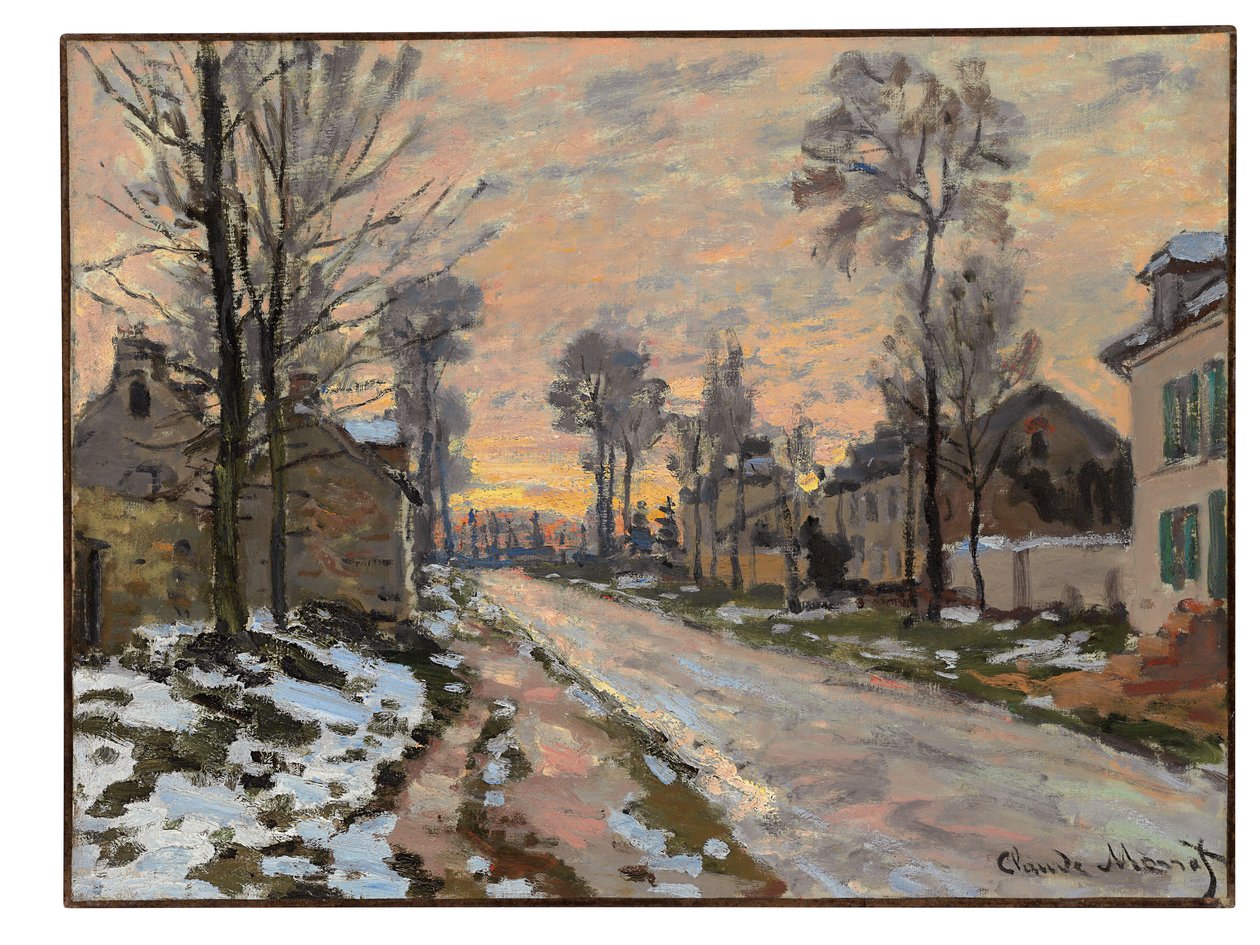 Tie Louveciennesiin, lumen sulaminen, laskeva aurinko, n. 1869-70 tekijältä Claude Monet