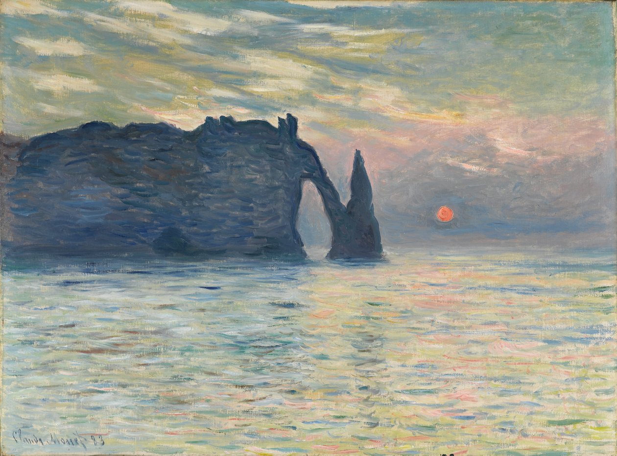 Cliff, Étretat, auringonlasku, 1882-1883 tekijältä Claude Monet