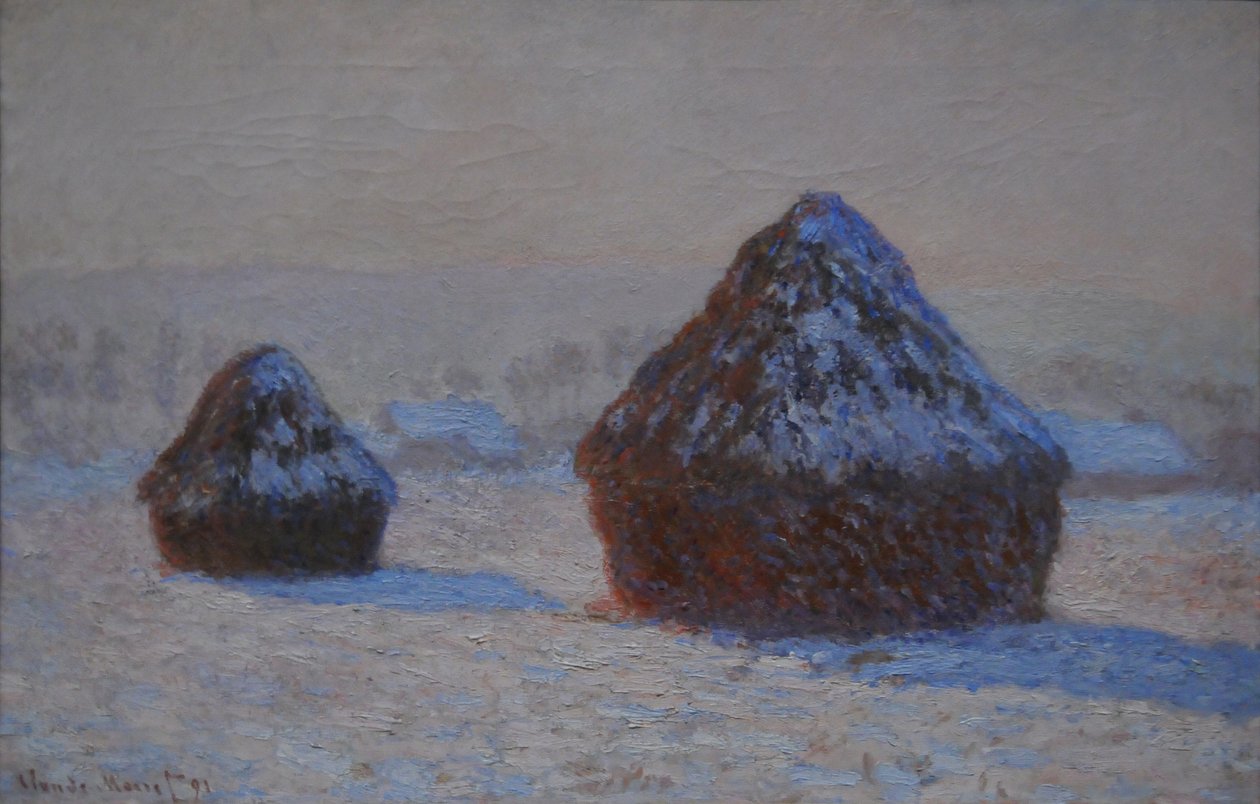 Wheatstacks, Snow Effect, Aamu, 1891 tekijältä Claude Monet