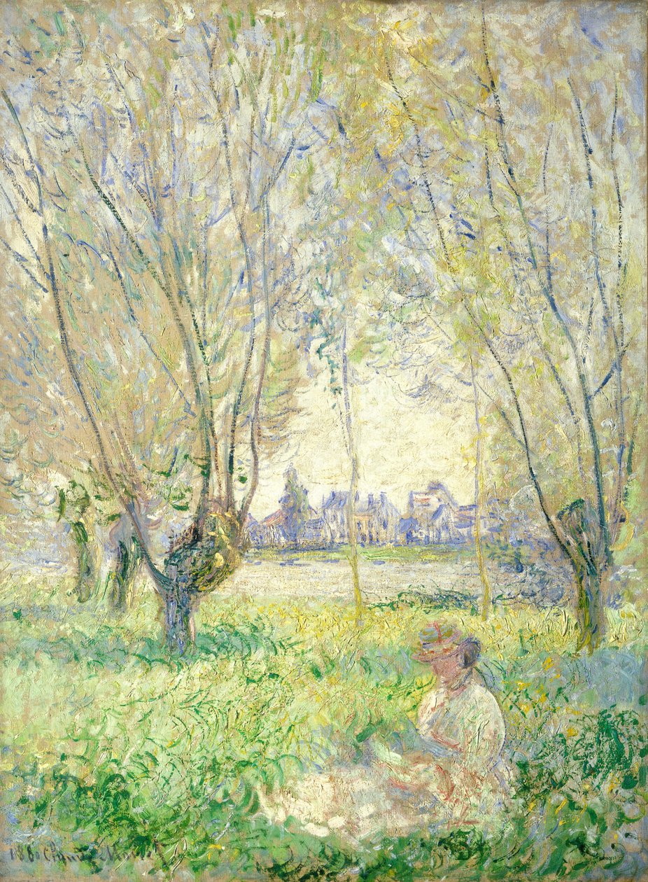 Nainen istuu pajujen alla tekijältä Claude Monet