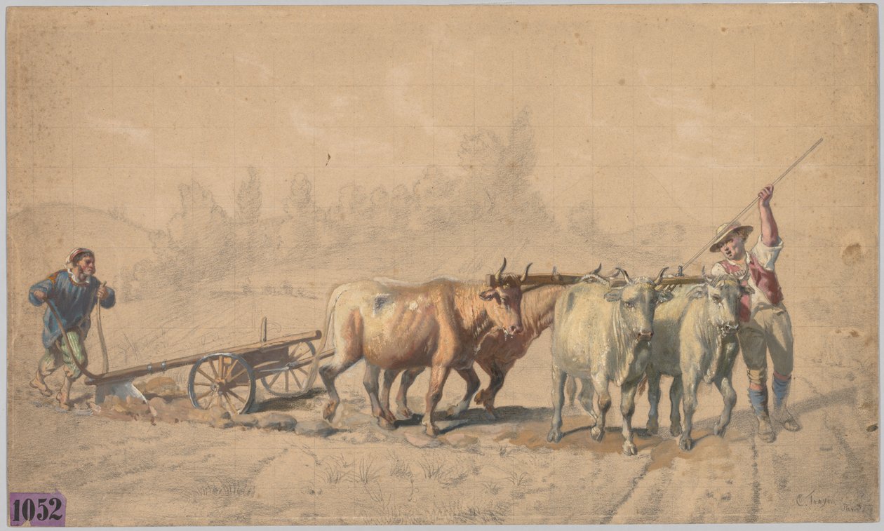 Neljä härkää vetää auraa, 1853. tekijältä Constant Troyon