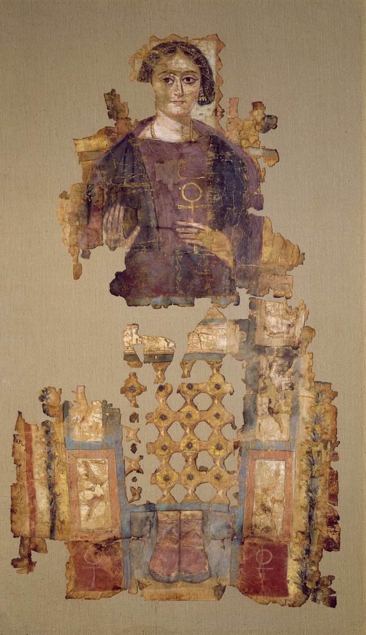 Käärinliina, jossa on nainen, jolla on kädessään ankh, Antinoesta, 3.-4. vuosisata (maalattu kangas). tekijältä Coptic