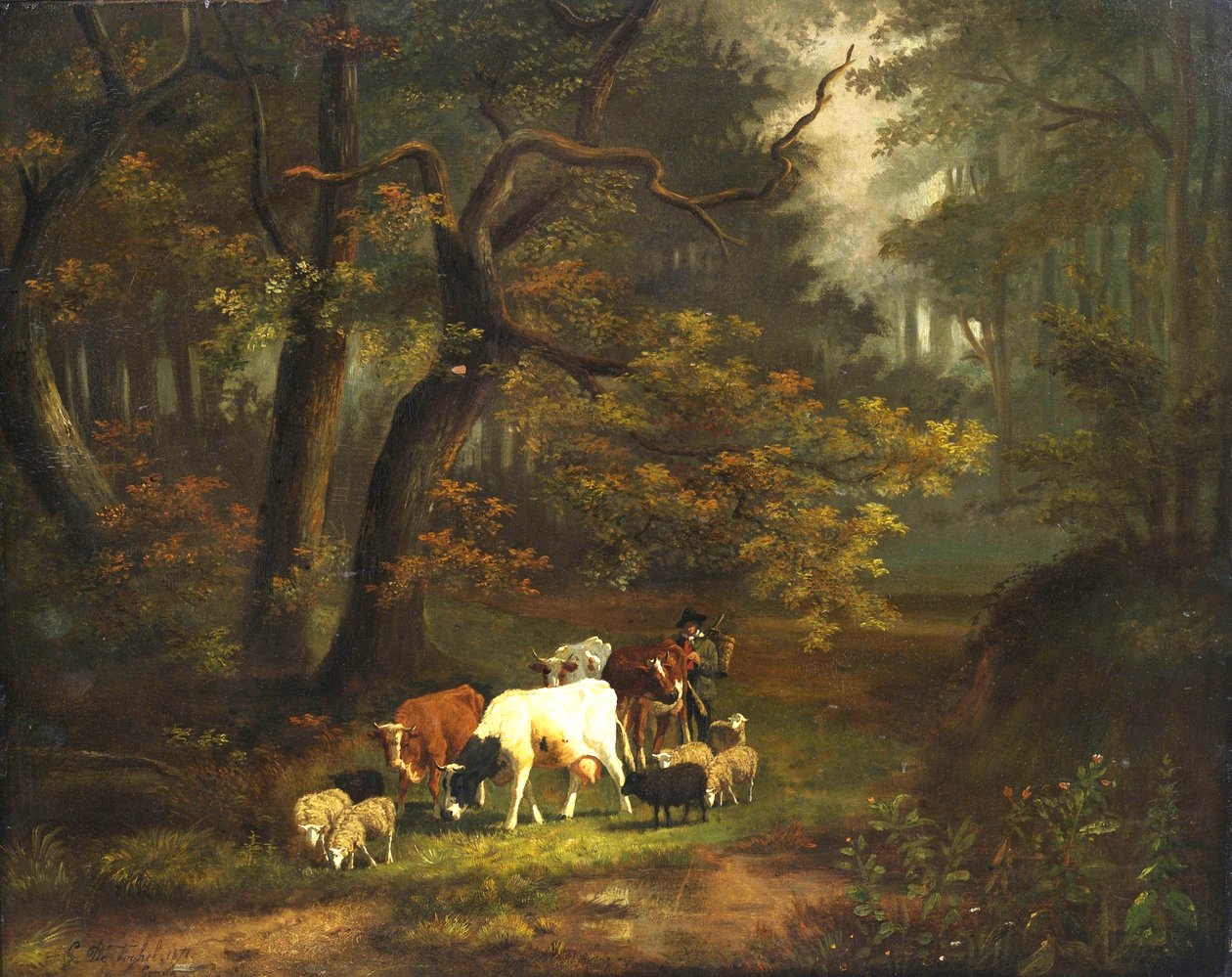 Waldinneres mit kleiner Kuh- und Schafherde. tekijältä Cornelis Johannes de Vogel