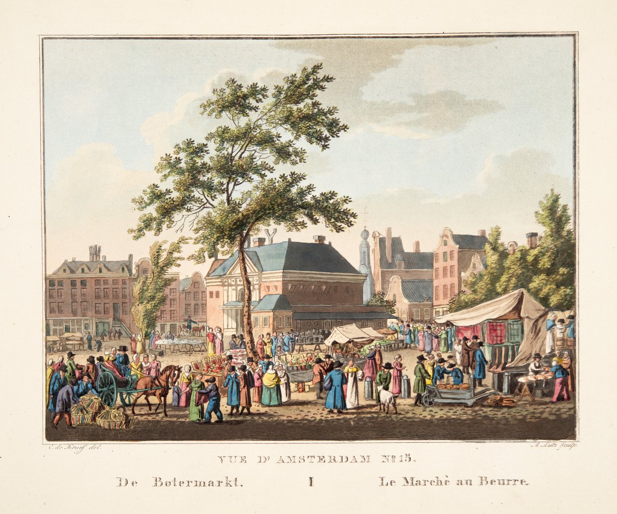 Näkymä Amsterdamiin nro 15. Botermarktista. The Butter Market, 1825 (käsinvärinen kaiverrus) tekijältä Cornelis de Kruyff