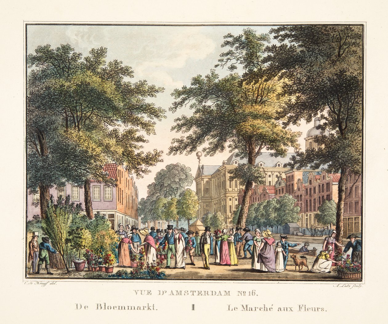 Näkymä Amsterdamiin nro 16. Bloemmarktista. Kukkatori, 1825 (käsinvärinen kaiverrus) tekijältä Cornelis de Kruyff