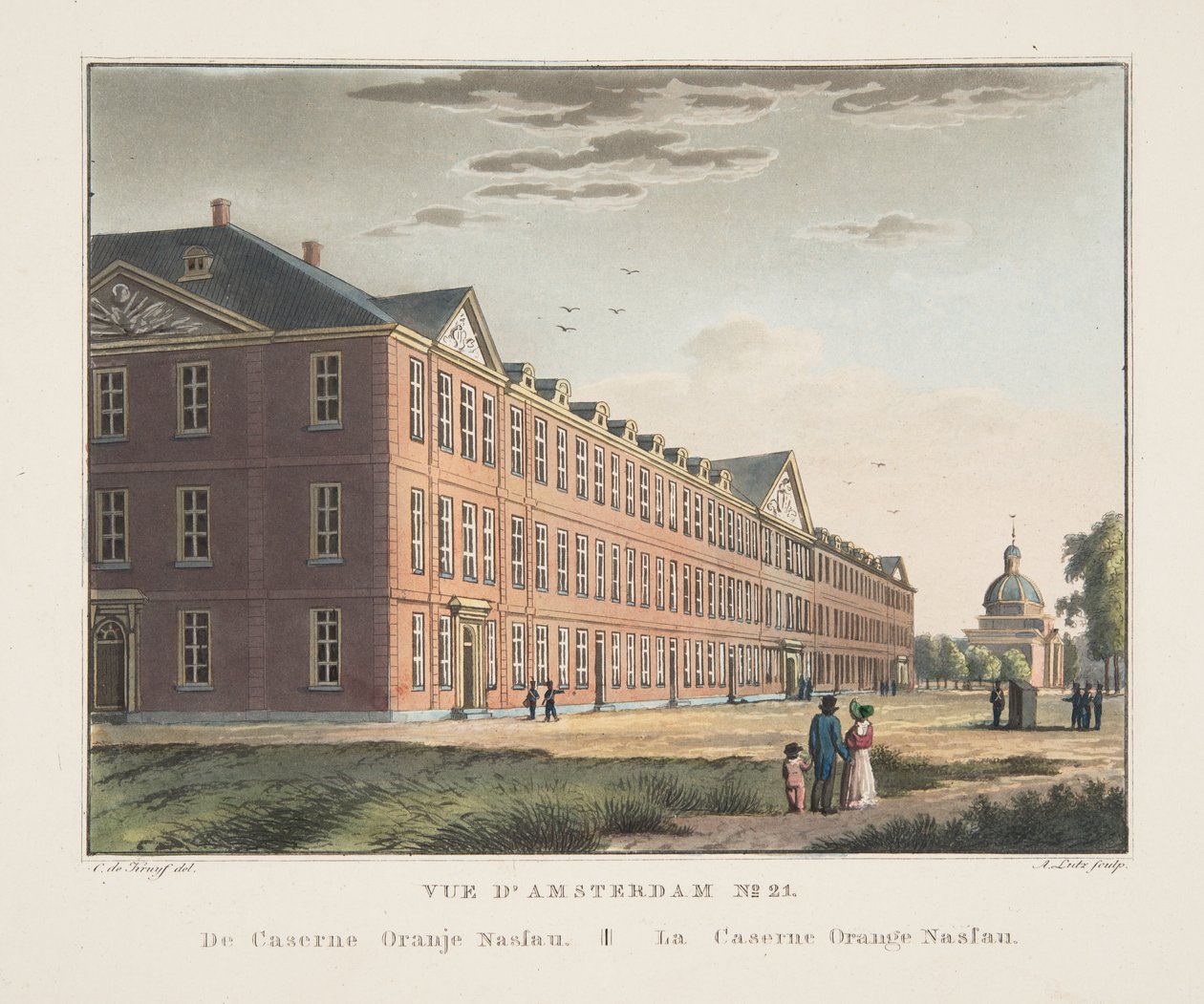 Näkymä Amsterdamista nro 21. Oranje Nassaun kasarmi. La Caserne Orange Nassau, 1825 (käsin väritetty kaiverrus). tekijältä Cornelis de Kruyff