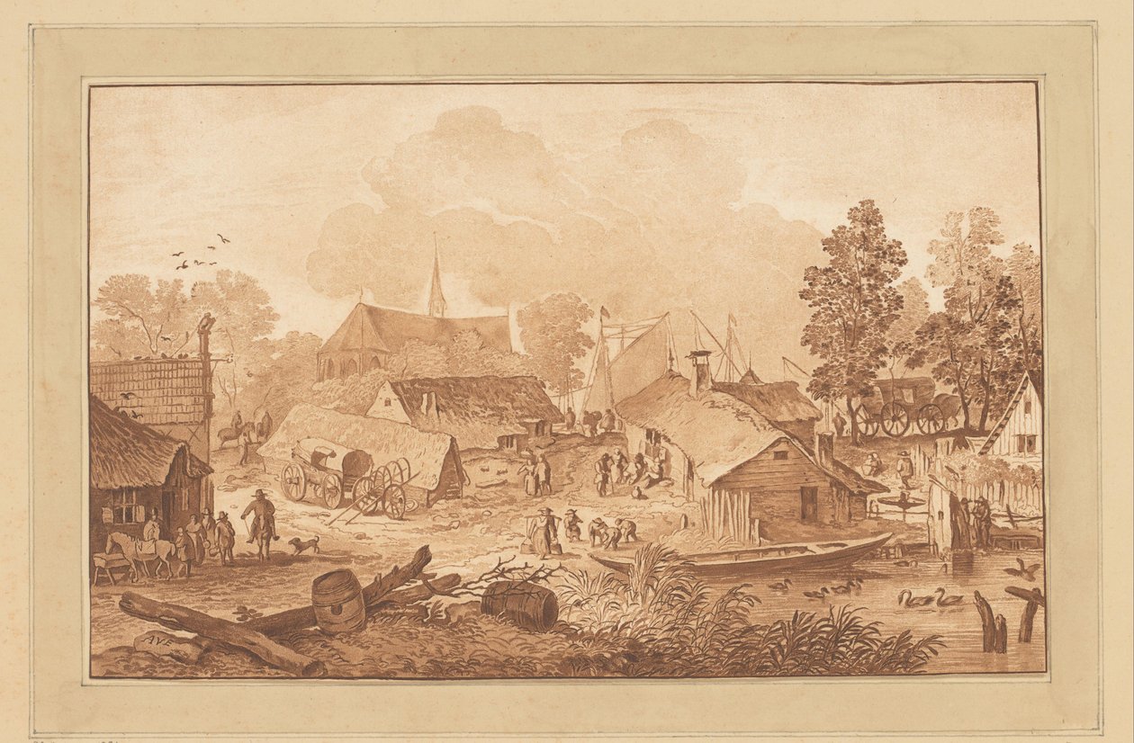 Kylänäkymä ja lampi tekijältä Cornelis Brouwer