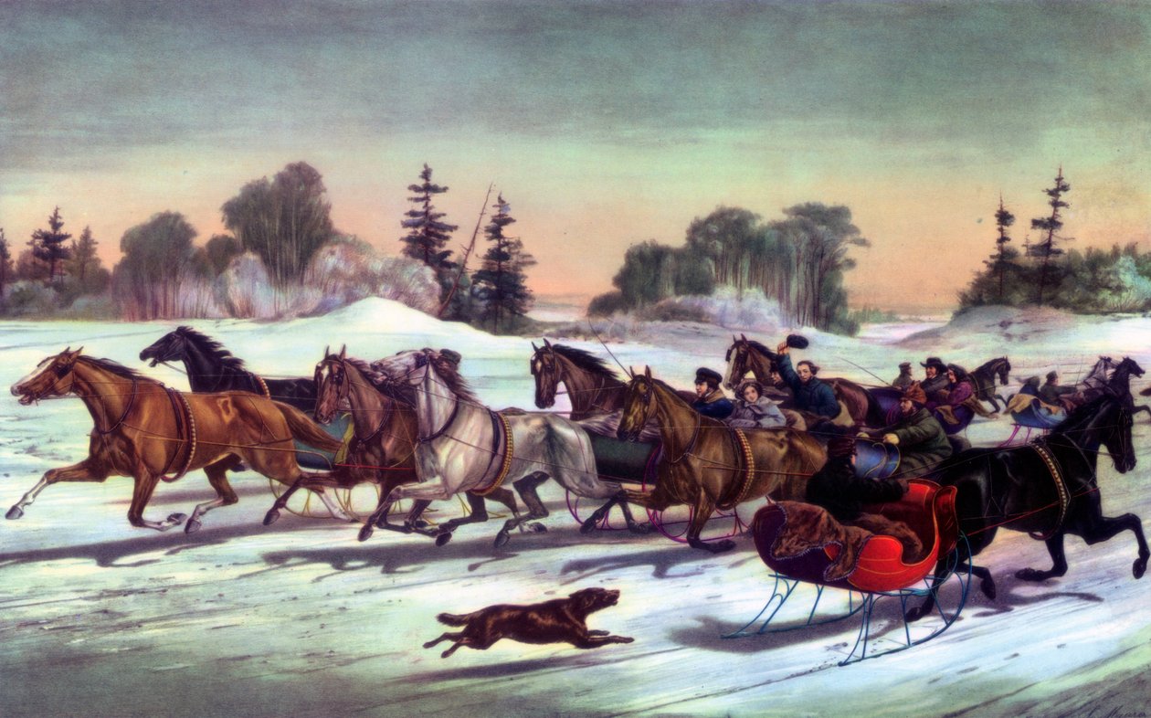 Ravihalkeamia lumessa, 1858. tekijältä Currier and Ives