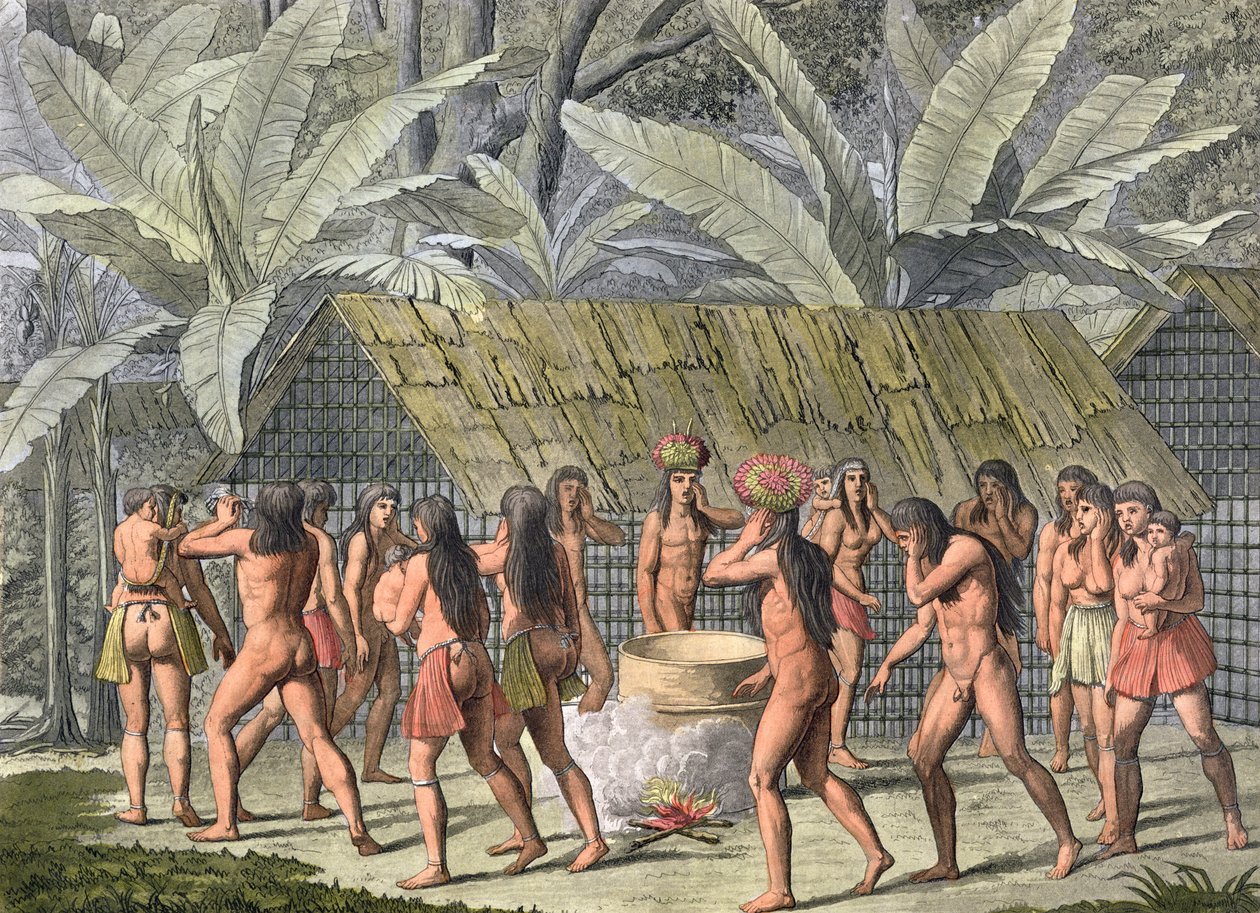 Camacani-intiaanien tanssifestivaali Brasiliassa, Jules Ferrarion julkaisusta "Le Costume Ancien et Moderne", osa I, levy 46, julkaistu 1820-30-luvulla (värikaiverrus) (katso myös 177057) tekijältä D.K. Bonatti