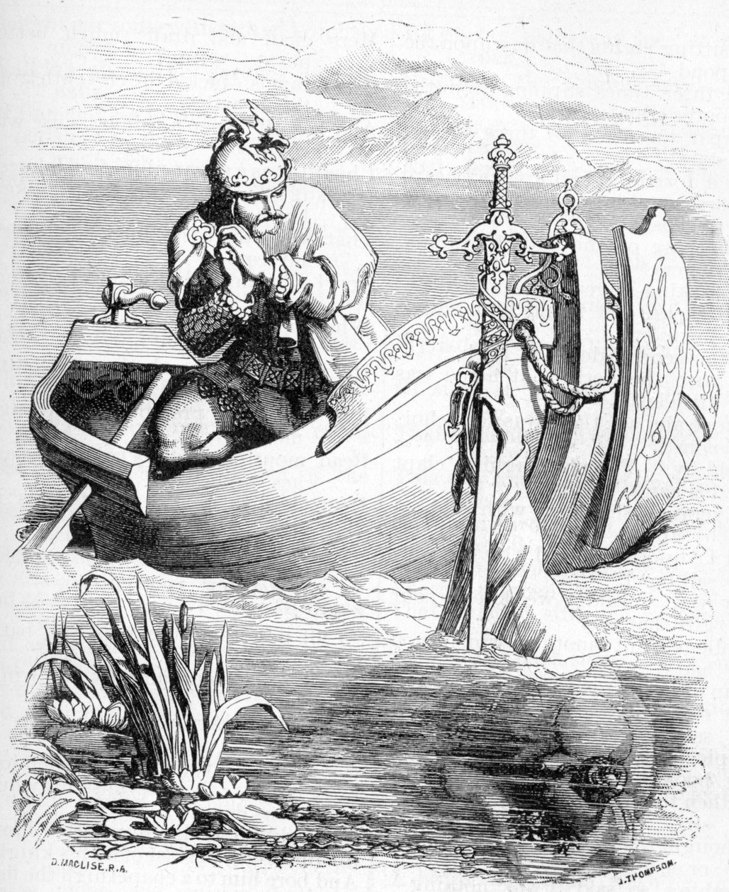 Sir Bedivere näkee käden tarttuvan kuningas Arthurin miekkaan järvessä, 1901 tekijältä Daniel Maclise